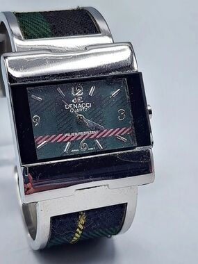 Vintage Denacci Rectangular Plaid Watch Bangle Style Black & Silver See ALL pics